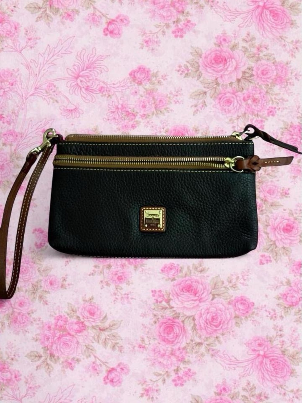 Dooney & Bourke Black Pebbled Leather Wristlet with Brown Trim